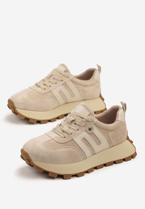 Beżowe Sneakersy ze Skóry Naturalnej Ozdobione Geometrycznym Wzorem Melassea
