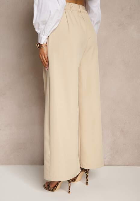 Beżowe Szerokie Spodnie High Waist o Garniturowym Kroju z Zakładkami Uliadorea