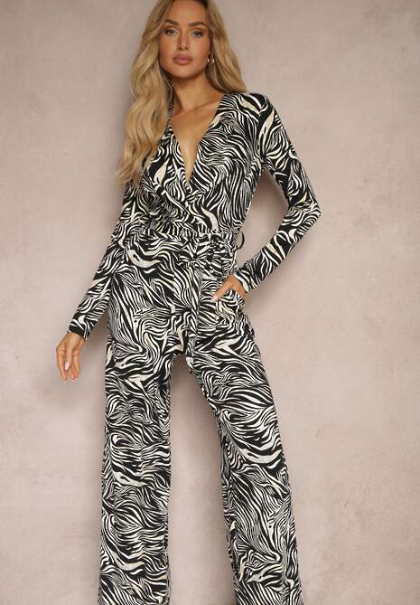 Biało-Czarny Kombinezon Ozdobiony Wzorem w Tygrysie Paski Wiązany w Talii Sairise
