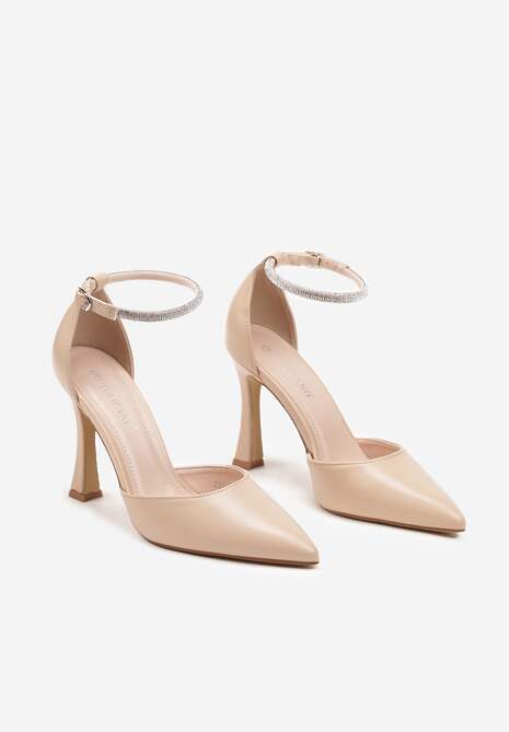 Beżowe Szpilki Klepsydrowe z Paskiem Ozdobionym Cyrkoniami Keramla