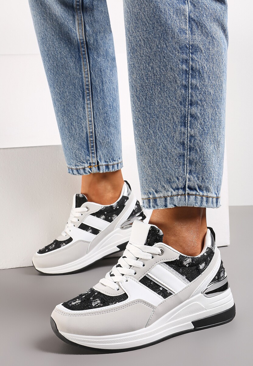 Biało-Czarne Sneakersy z Cekinami i Brokatem na Grubej Podeszwie Mabirra
