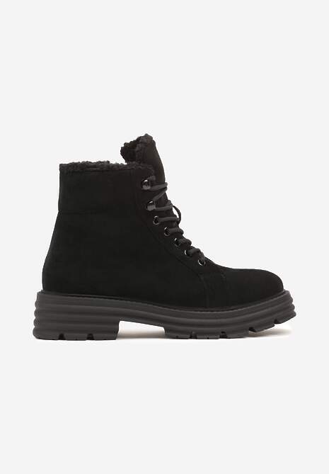 Czarne Traperki na Grubej Podeszwie z Futerkowym Zdobieniem Narinora