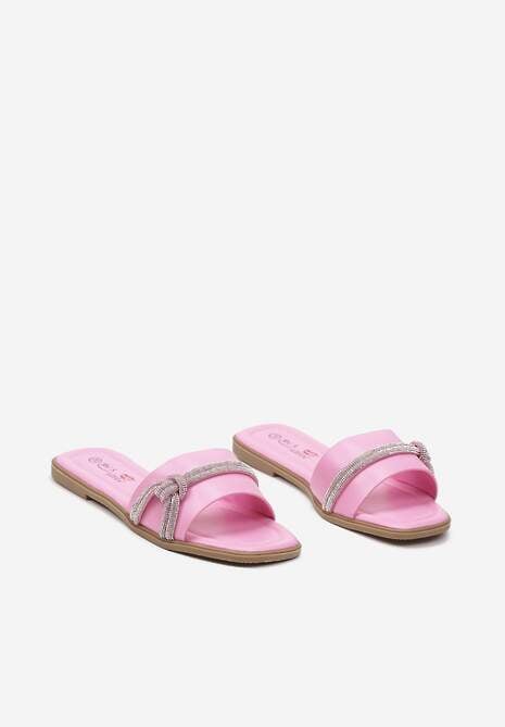 Różowe Klapki na Płaskiej Podeszwie z Imitacji Skóry z Ozdobnymi Cyrkoniami Hanita