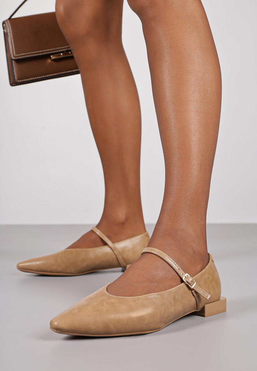 Ciemnobeżowe Balerinki Vices w Stylu Mary Jane z Wkładką ze Skóry Naturalnej Emilane