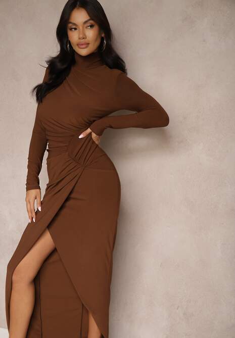 Brązowa Koktajlowa Sukienka Półgolf Ozdobiona Marszczeniami Emivelleth