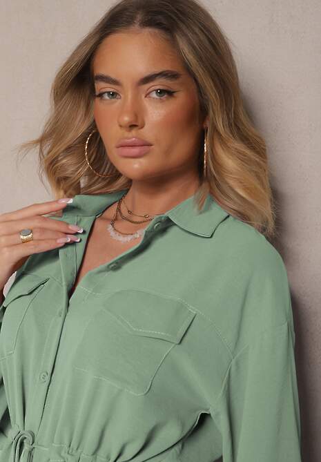 Zielona Sukienka Koszulowa z Bawełną Ozdobiona Wiązaniem Uladrisa