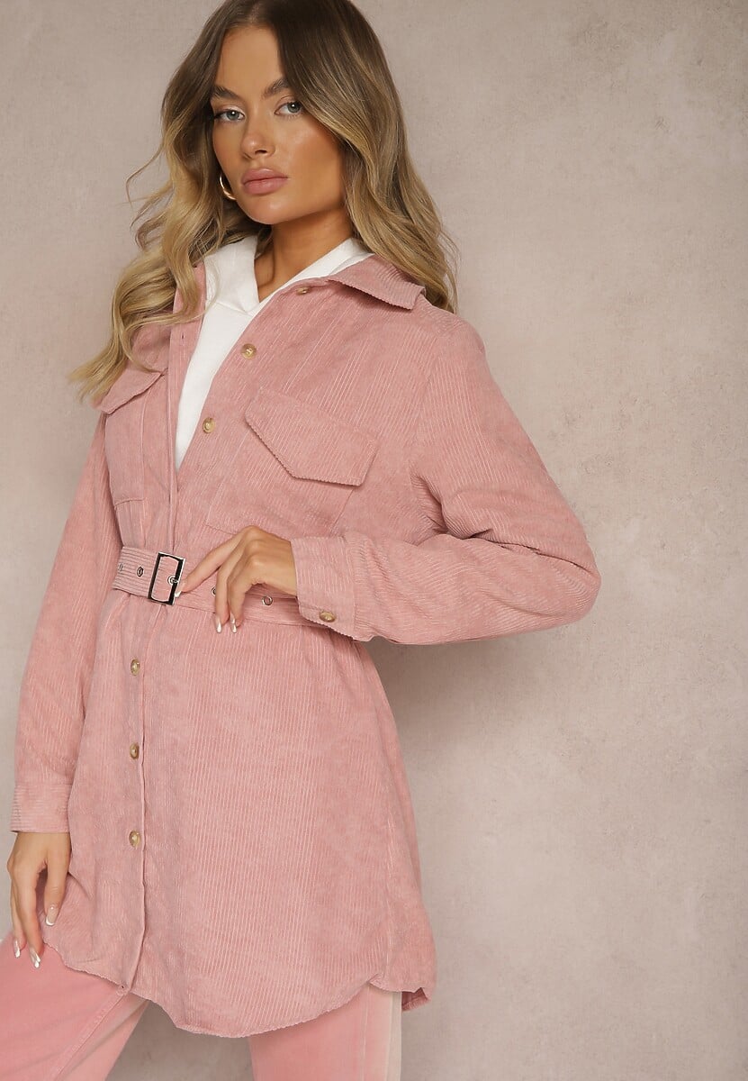 Różowa Sztruksowa Koszula Długa z Kieszeniami i Paskiem Tahise