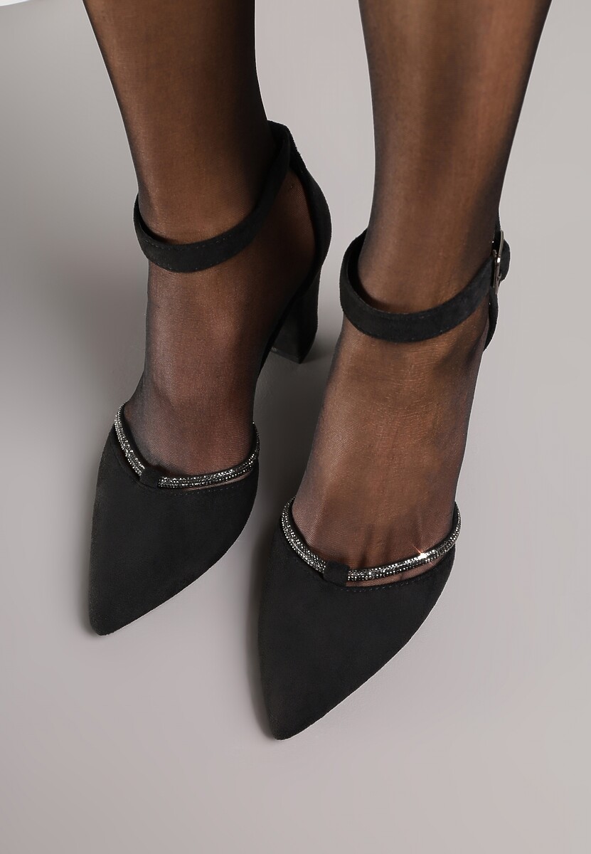 Czarne Eleganckie Czółenka Vices ze Skórzaną Wkładką i Cyrkoniami Sarirra