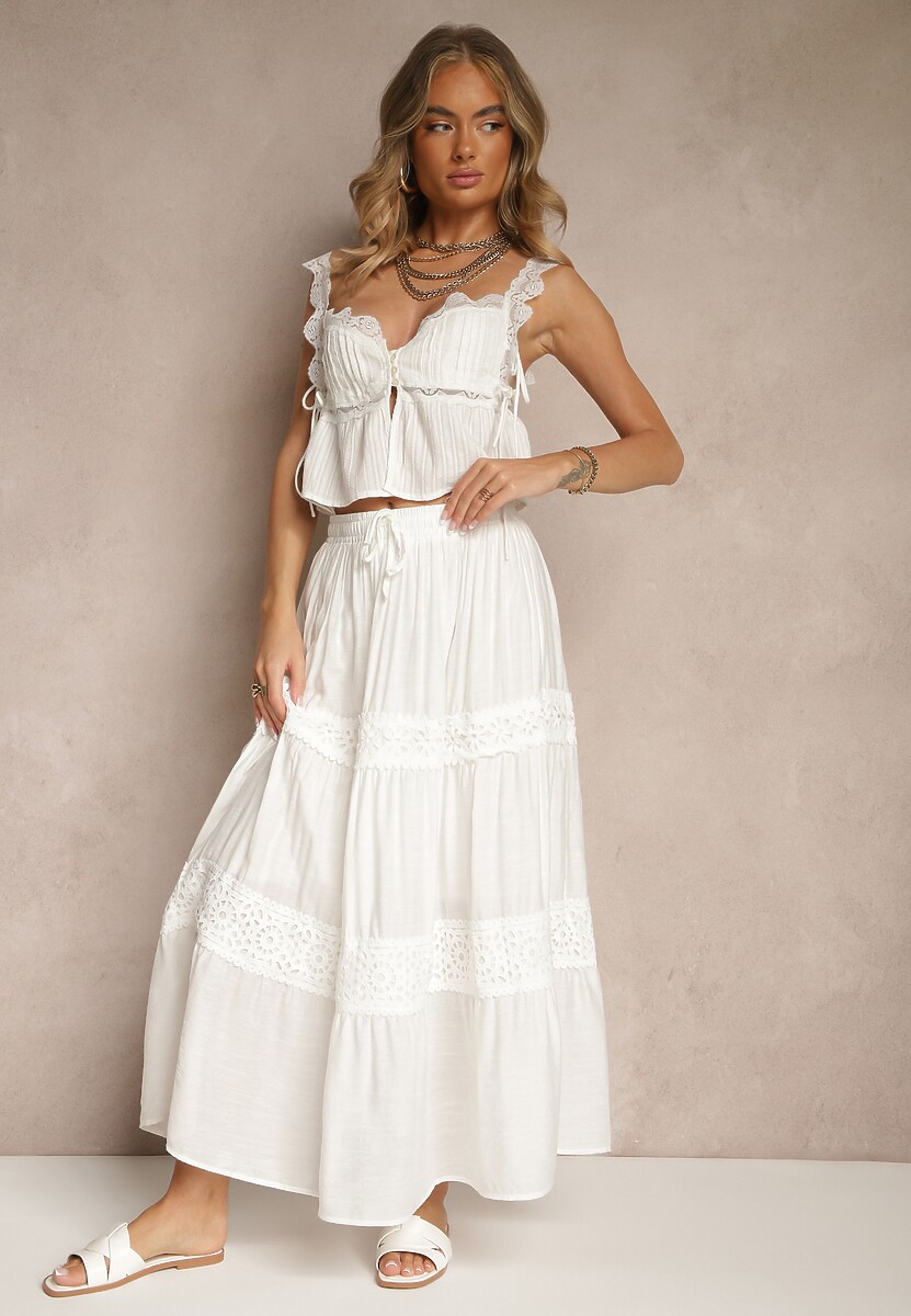 Jasnoniebieska Rozkloszowana Spódnica z Wiskozą Zdobiona Koronką Bannela