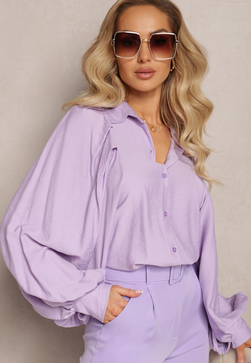Fioletowa Gładka Koszula z Kołnierzem i Szerokimi Rękawami Ophila