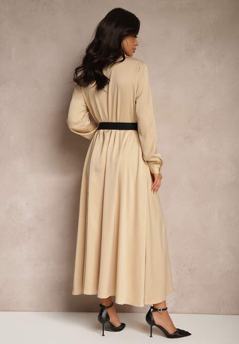 Beżowa Satynowa Sukienka w Stylu Szmizjerki z Imitacjami Kieszeni i Paskiem Vaminay