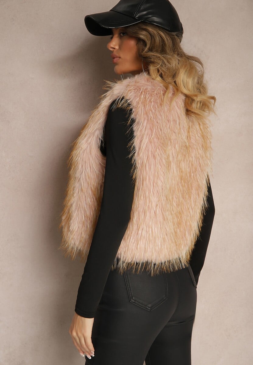 Beżowa Niezapinana Kamizelka Futerko Heleeti