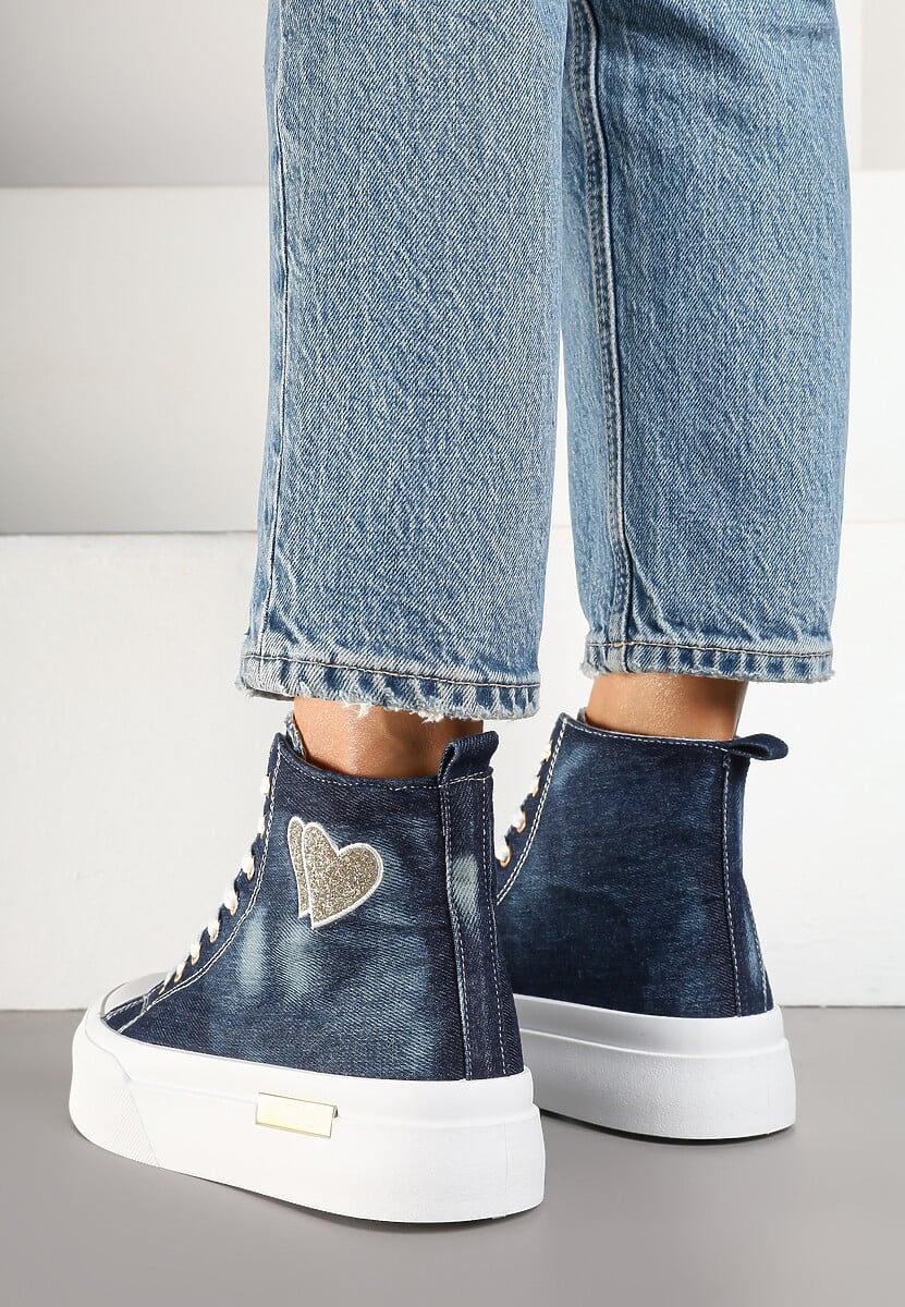 Granatowe Trampki na Platformie z Wysoką Cholewką z Haftem z Brokatem Elanitha