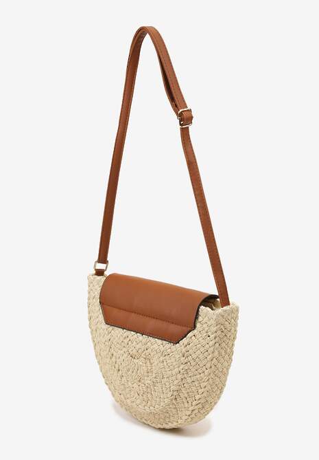 Jasnobeżowa Mała Torebka Boho na Ramię z Połączenia Plecionki i Ekoskóry Virtha