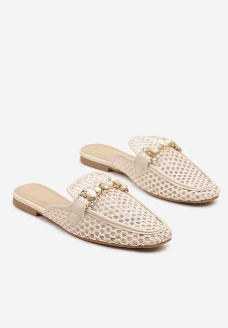 Beżowe Klapki Mule z Siateczkową Cholewką Ozdobione Cyrkoniami i Klamrą Nimivina
