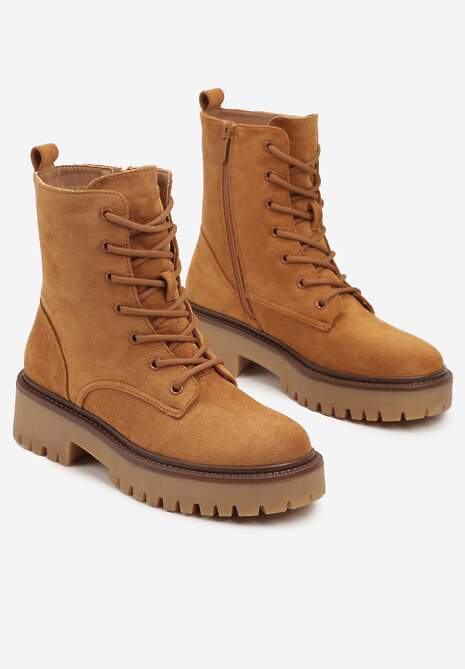 Brązowe Sznurowane Botki w Stylu Workerów na Platformie z Tłoczeniem Zinmaia