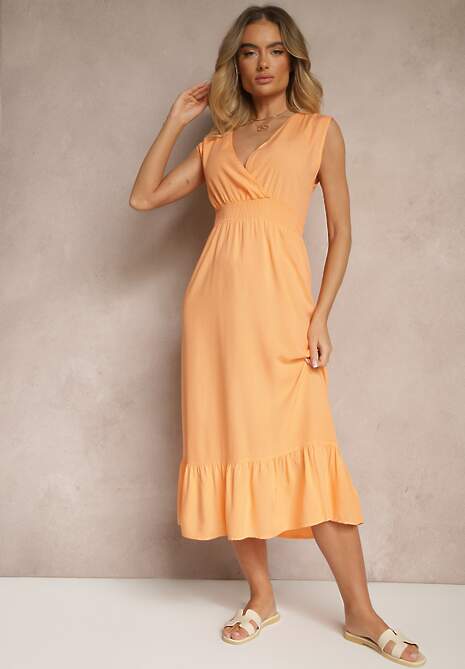 Pomarańczowa Kopertowa Sukienka z Wiskozy Zdobiona Falbanką Ularisela
