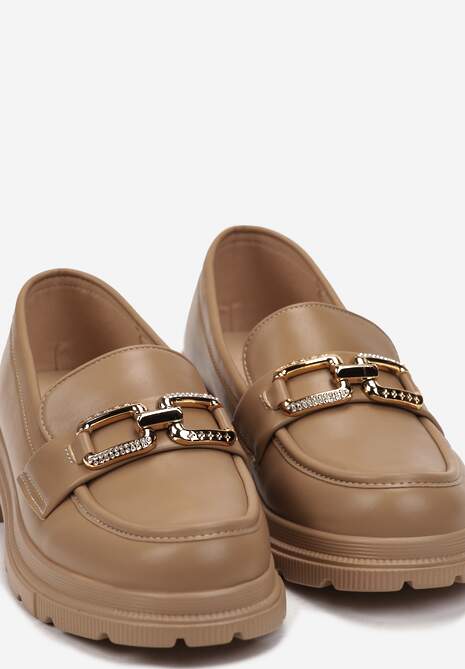 Ciemnobeżowe Mokasyny na Grubej Podeszwie z Ozdobną Klamerką Agunas