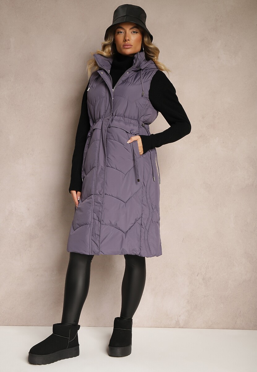 Czarna Pikowana Kamizelka ze Ściągaczem w Talii i Kapturem z Możliwością Odpięcia Aminstina