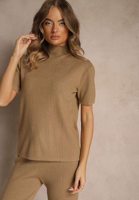 Beżowy Komplet z Dzianiny z Bawełną Spodnie Kardigan i T-shirt z Golfem Ralonia