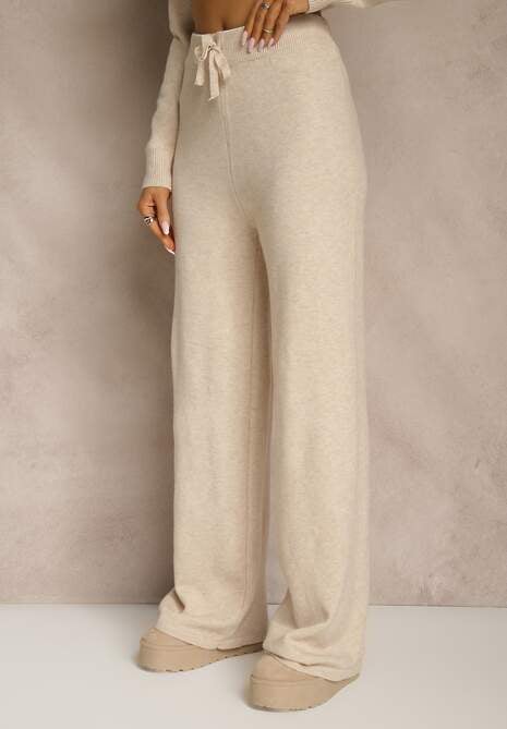 Jasnobeżowy Komplet Dzianinowy z Wełną i Bawełną Szerokie Spodnie i Golf Lennria