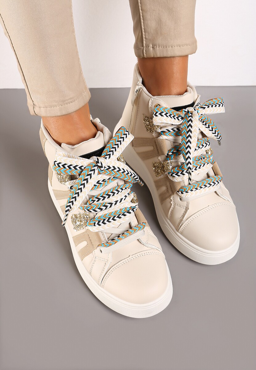 Beżowe Streetwearowe Sneakersy na Grubej Podeszwie Ozdobione Kontrastowymi Wstawkami Kaittane