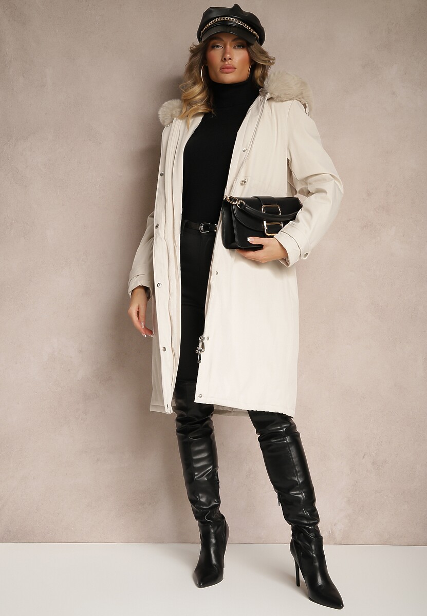 Jasnobeżowa Długa Kurtka o Fasonie Parki z Futerkiem Edelais