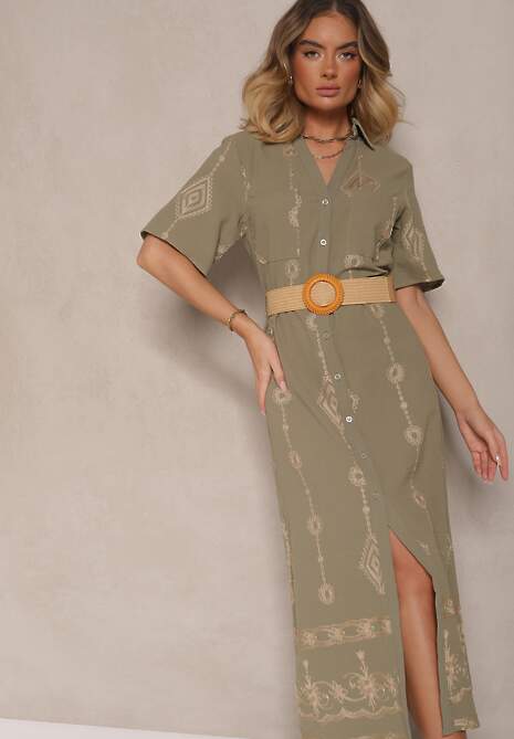 Ciemnozielona Koszulowa Sukienka z Bawełny z Plecionym Paskiem Sariene