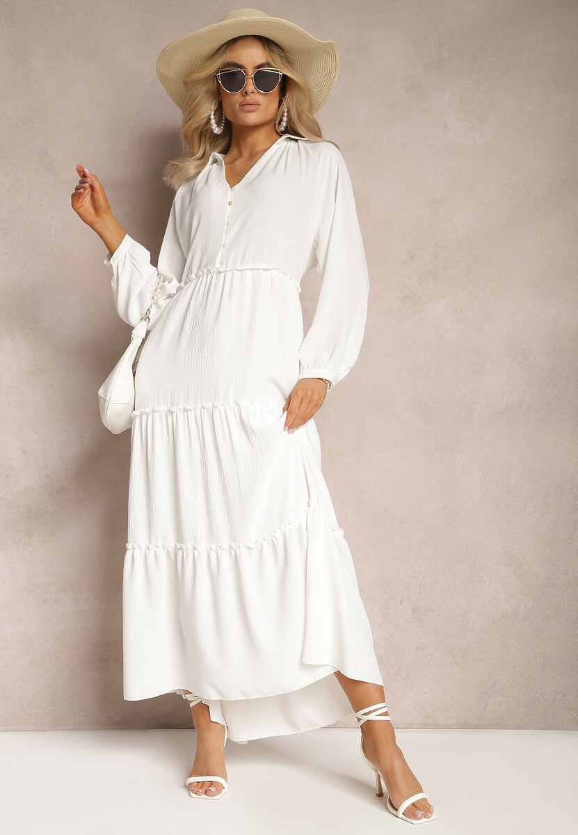 Beżowa Rozkloszowana Sukienka Maxi z Falbankami i Kołnierzykiem Rehtima