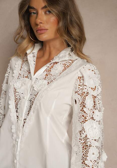 Biała Koszula Koronkowa Zapinana na Guziki Aneries