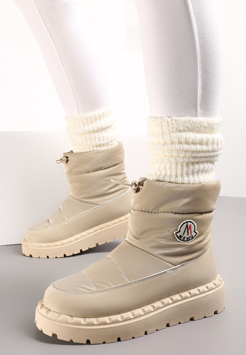 Ciemnobeżowe Krótkie Śniegowce na Platformie z Lakierowanymi Wstawkami Goddie