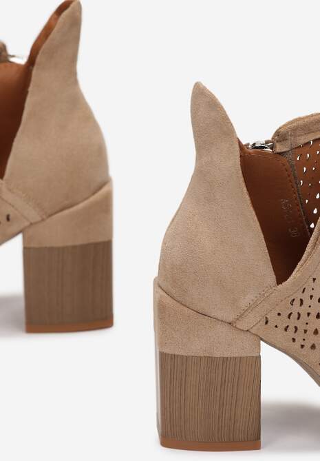 Ciemnobeżowe Botki Ażurowe na Obcasie Deinilea