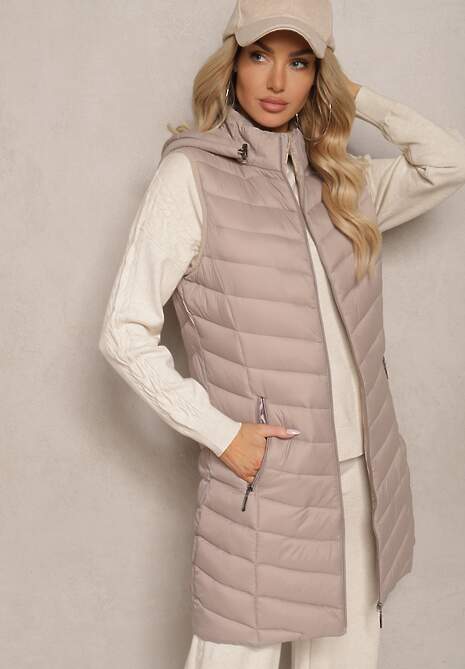 Ciemnobeżowa Kamizelka z z Odpinanym Kapturem Ozdobiona Pikowaniem Ivathira