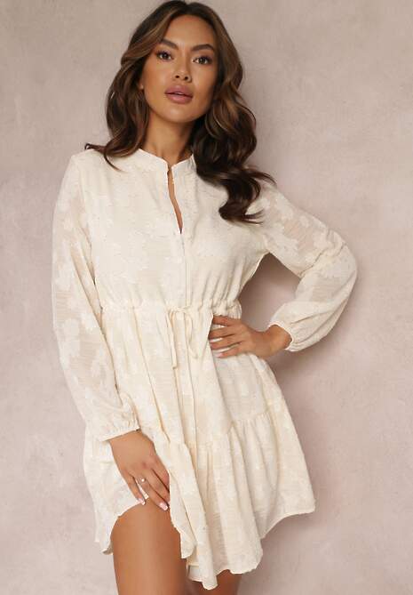 Beżowa Sukienka Wiązana Sznurkiem z Falbanką Moorea