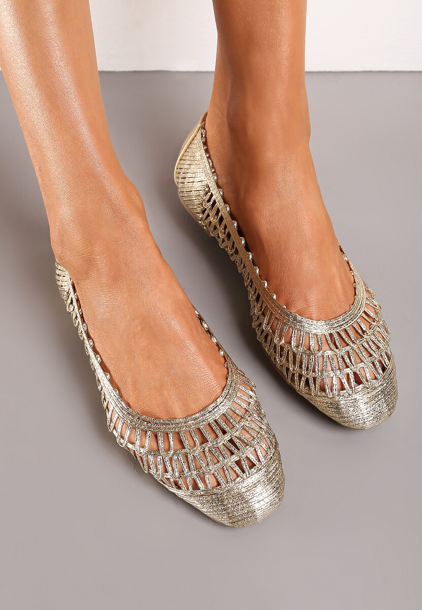 Złote Płaskie Balerinki z Imitacji Skóry o Ażurowym Wykończeniu Yines
