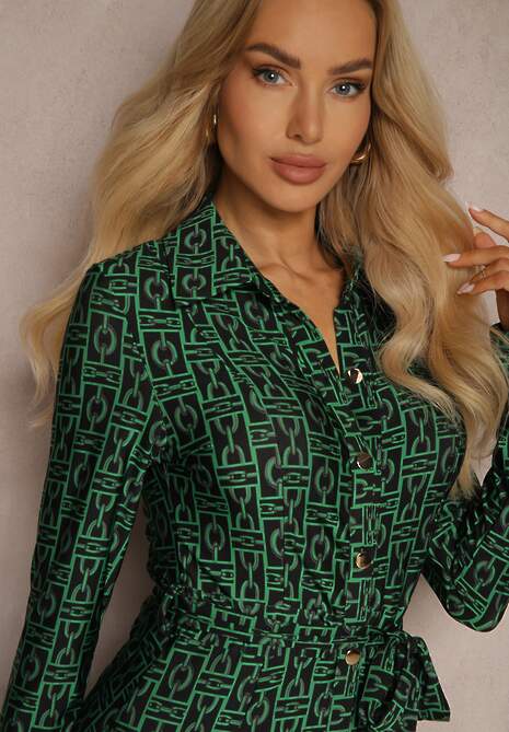 Zielona Sukienka o Koszulowym Fasonie z Wiązanym Paskiem i Abstrakcyjnym Wzorem Sairina