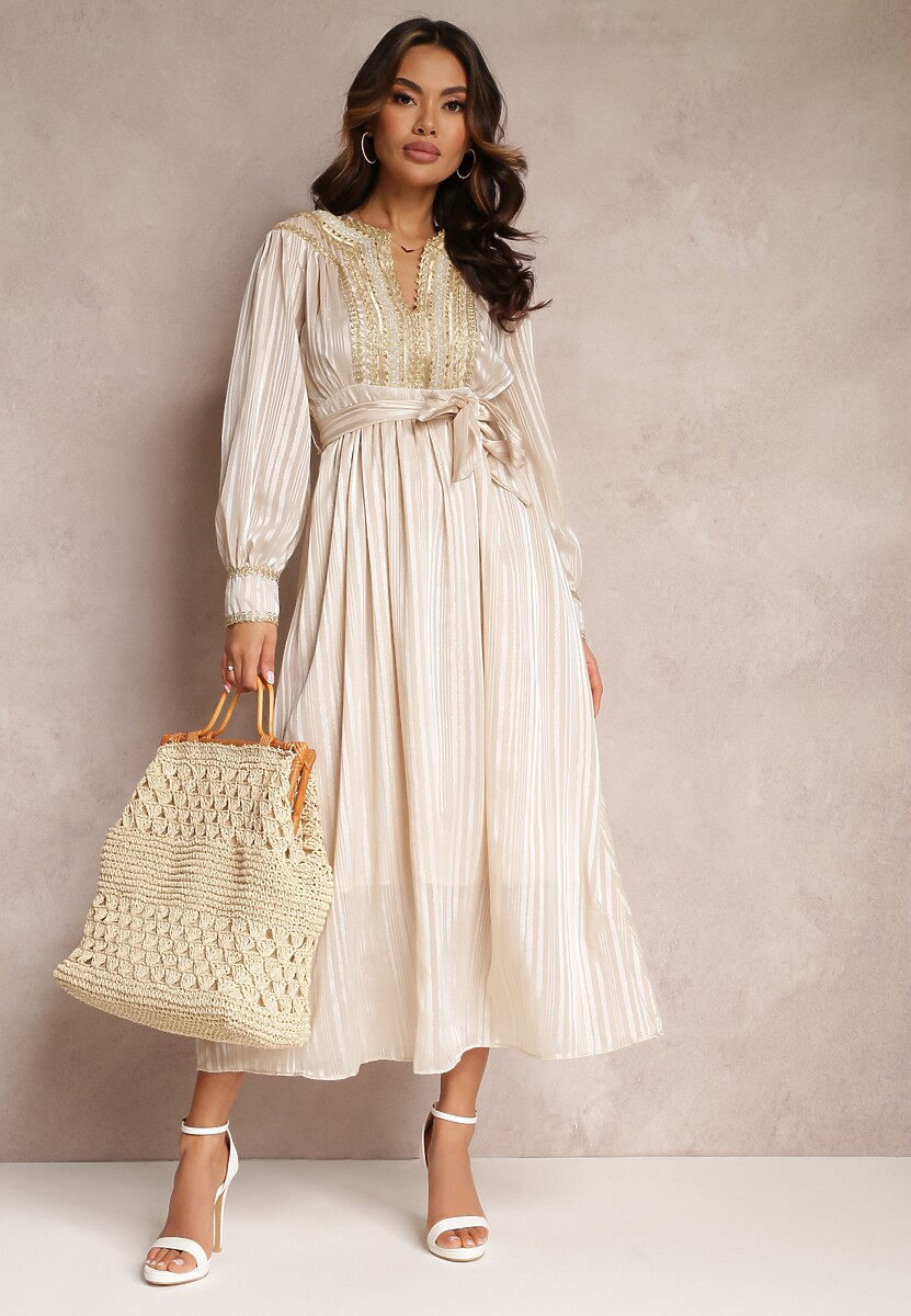 Beżowa Metaliczna Sukienka z Ozdobnym Dekoltem i Paskiem Adyson