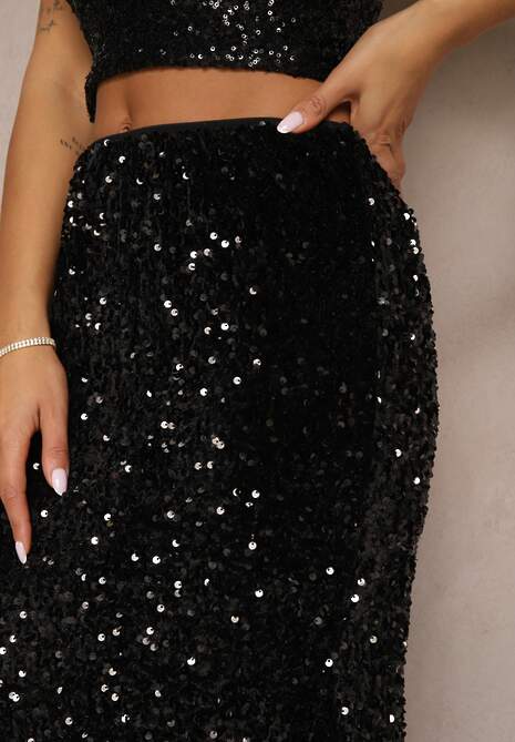 Czarna Koktajlowa Spódnica High Waist w Cekiny Melimi