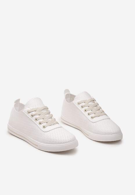 Biało-Beżowe Płaskie Sznurowane Tenisówki przed Kostkę Ozdobione Perforacją Serettia