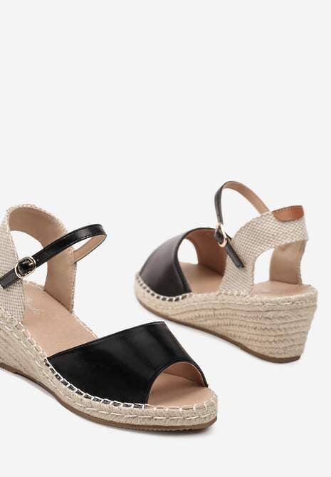 Czarne Sandały na Koturnie z Wkładką z Ekoskóry Ozdobione Plecionką z Juty Notesa