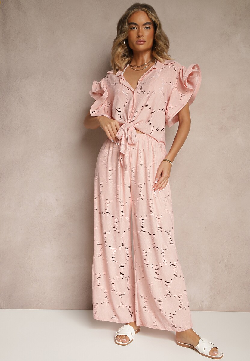 Różowy Komplet Ażurowy Bluzka o Koszulowym Kroju i Spodnie z Szeroką Nogawką Linaniria