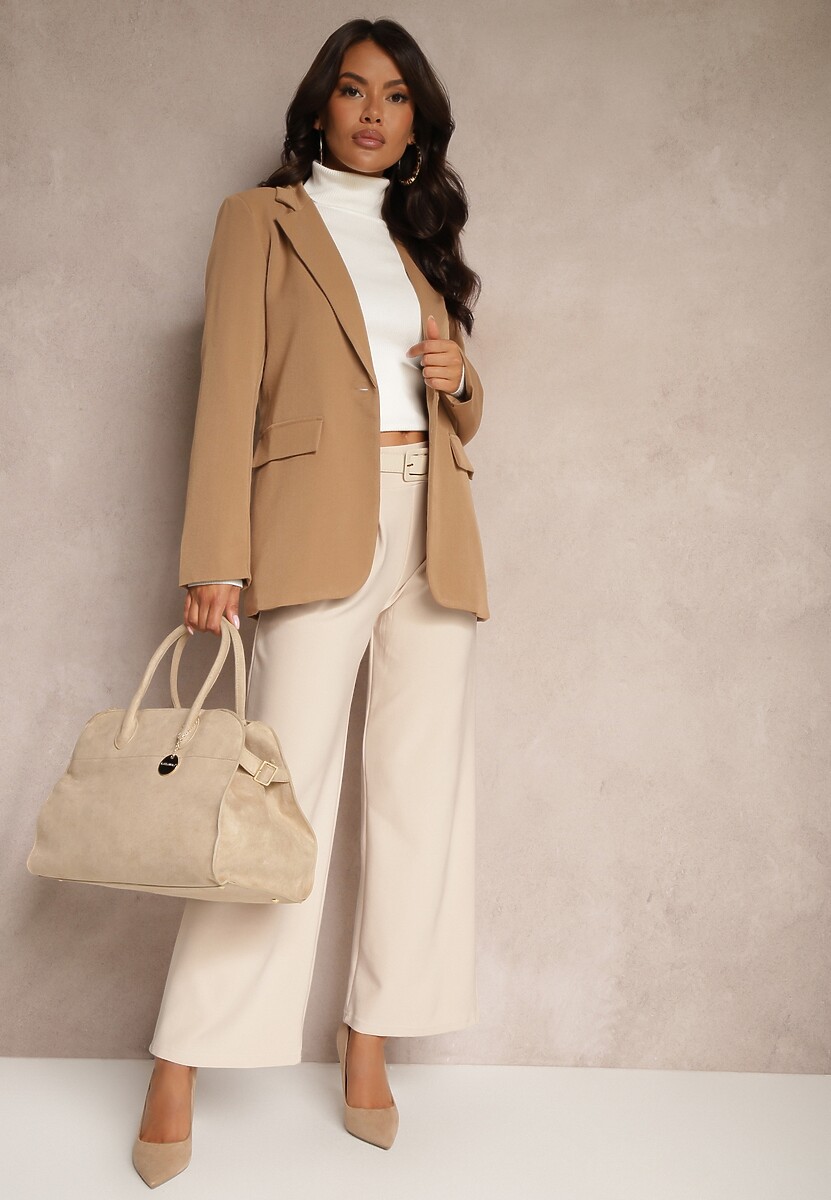 Beżowe Garniturowe Spodnie High Waist z Gumką i Dodatkowym Paskiem w Talii  Mattine