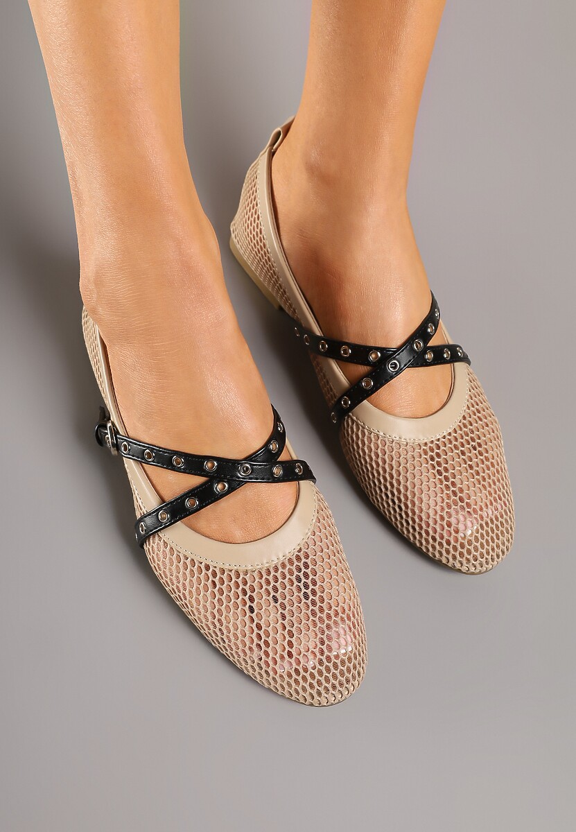 Beżowe Balerinki z Siateczki w Stylu Mary Jane z Podwójnym Paskiem Felritia