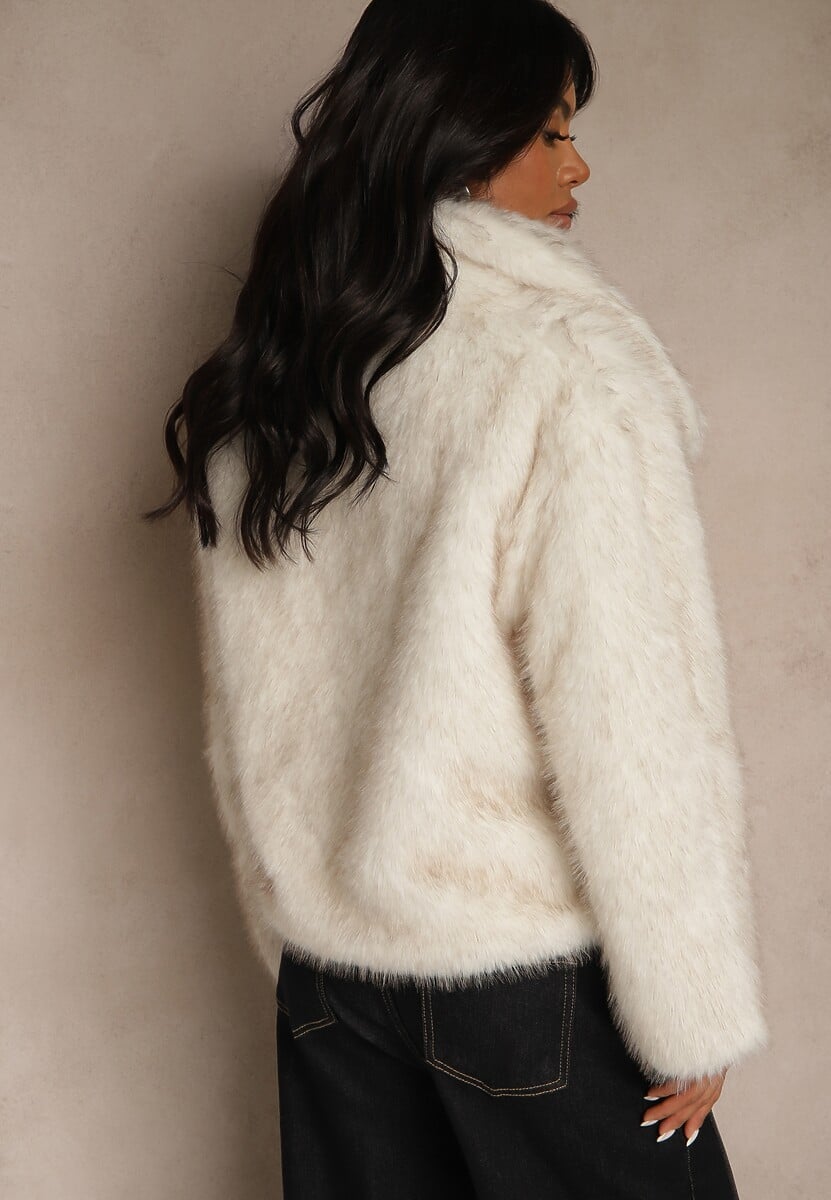 Beżowa Kurtka Futrzana Ozdobiona Kołnierzem Avelire