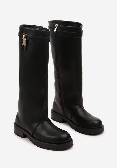 Czarne Kozaki z Imitacją Nakładkowej Cholewki i Aplikacją Nallara