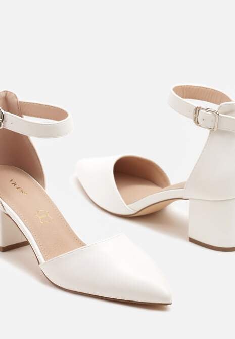Białe Czółenka Sandały Vices na Słupku ze Skórzaną Wkładką Ozdobione Brokatem Leanelith