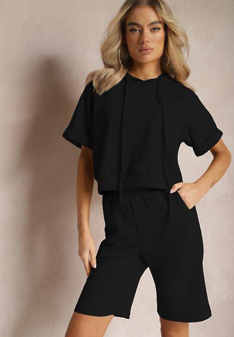 Czarny Komplet Dresowy Bluza z Kapturem i Krótkimi Rękawami oraz Szorty Choana