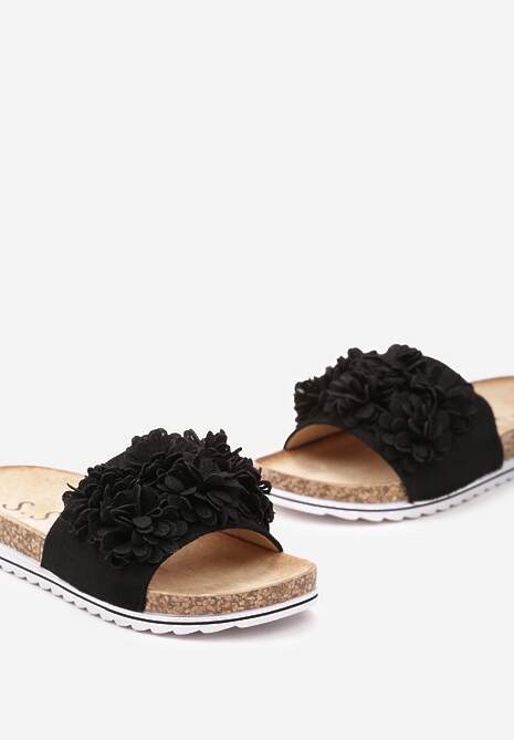 Czarne Klapki z Ekozamszu z Kwiatowym Zdobieniem Masenella