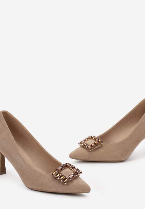 Beżowe Czółenka na Obcasie z Klamrą z Cyrkoniami na Szpiczastym Nosku Marthine