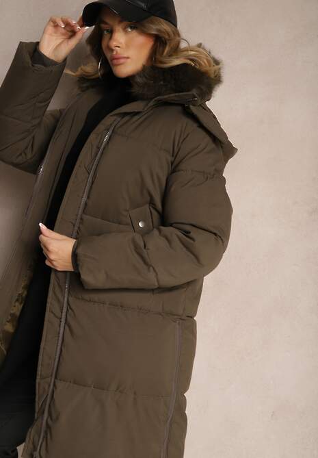 Zielona Kurtka o Długim Kroju z Pikowaniem Odpinanym Futerkiem i Kapturem Vilathra